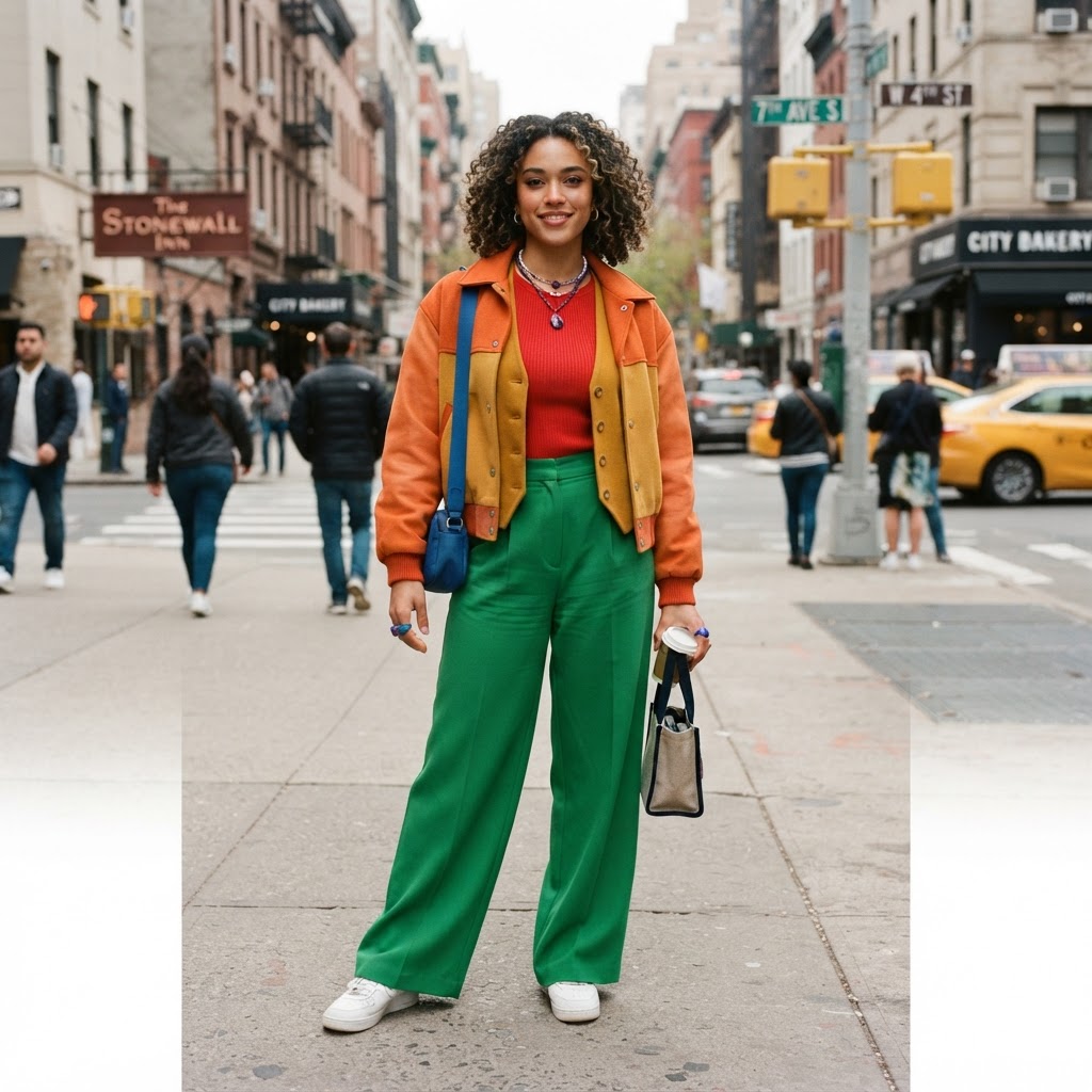 Woman wearing a rainbow color-blocked pride inspired outfit on a city street