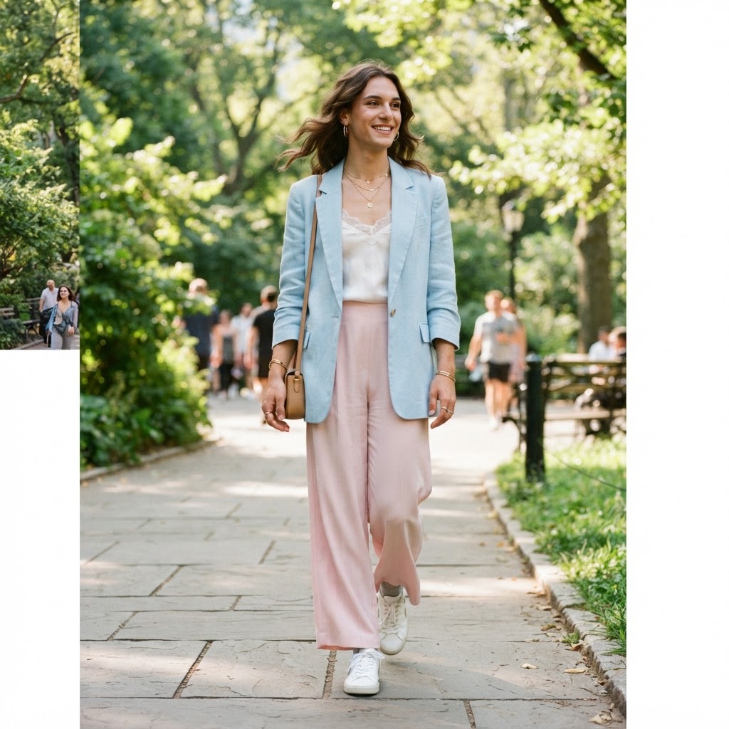 Woman in baby blue blazer and soft pink trousers, a transgender pride inspired outfit