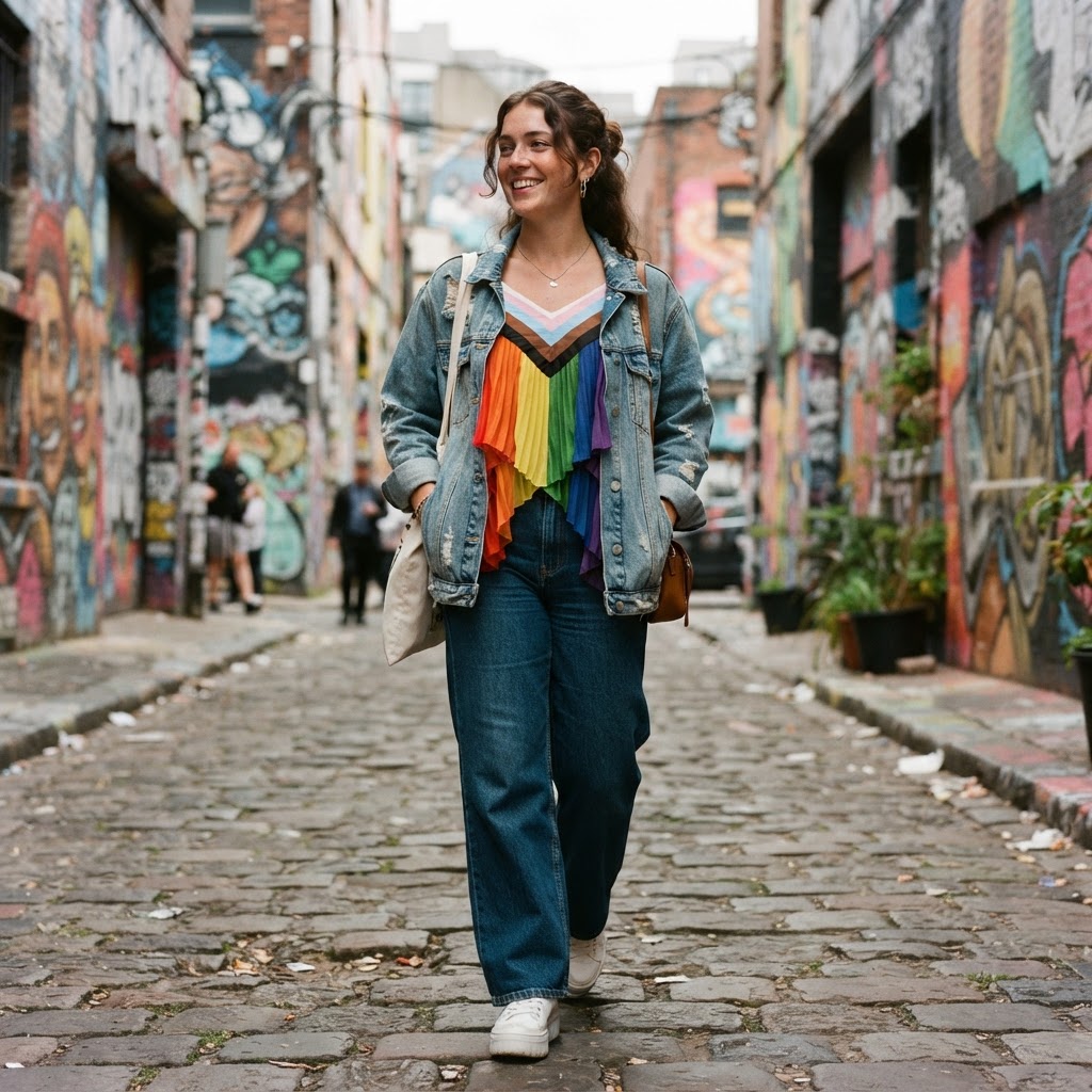 Woman in rainbow layered top with denim jacket, progress pride inspired outfit