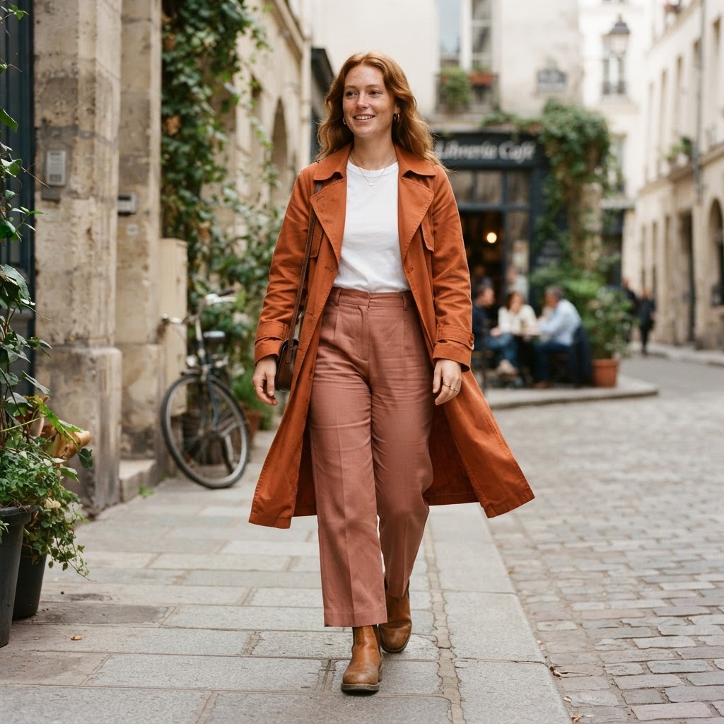Woman in burnt orange trench and dusty rose trousers, a lesbian pride inspired outfit