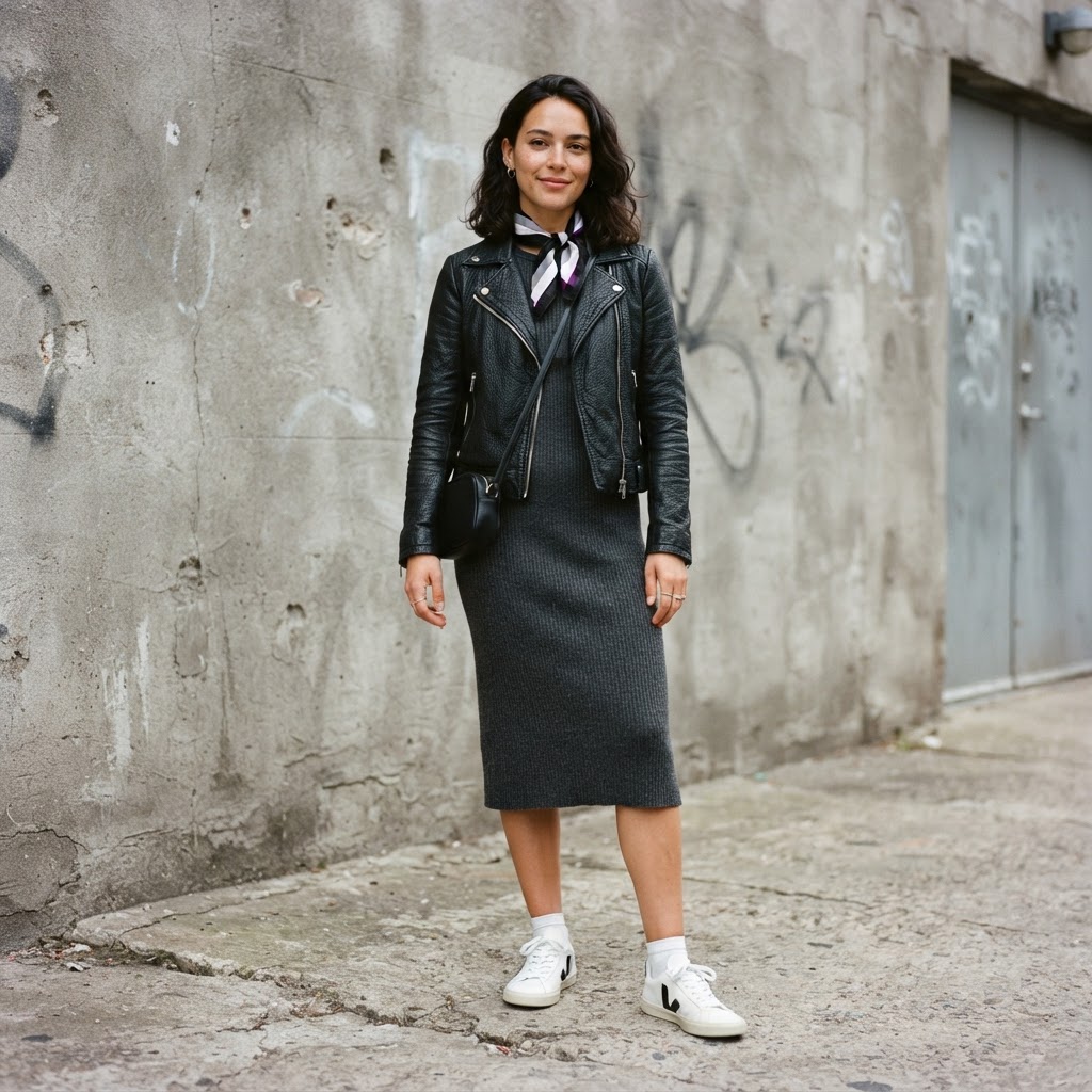 Woman in black leather jacket and grey knit dress with purple scarf, asexual pride inspired outfit