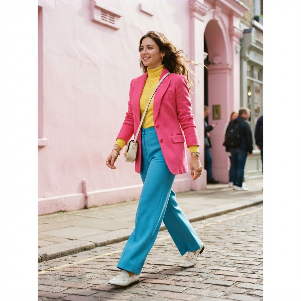 Woman in hot pink blazer, yellow top and cyan trousers, pan outfits pride look