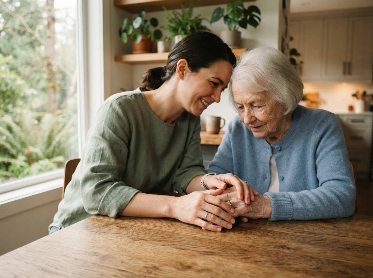 Caregiver's hands gently holding an elderly person's hands, conveying trust and warmth