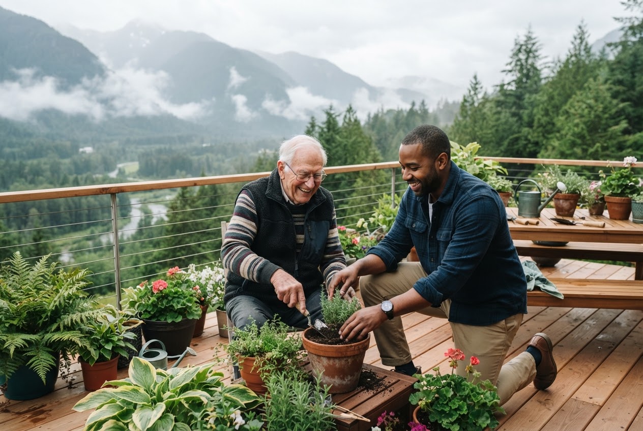 Caregiver helping an elderly man with gardening on a British Columbia deck