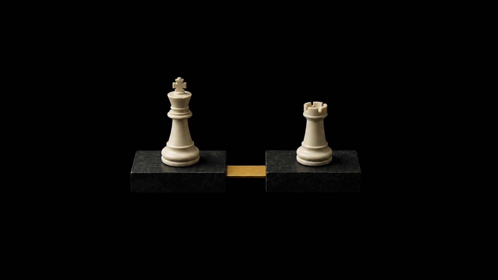 An ivory chess king and rook stand on separate dark blocks joined by a gold bridge, symbolizing coordinated movement.