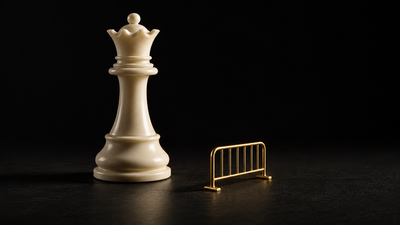 An ivory chess queen pauses before a tiny gold safety barrier on a black stage, illustrating a moment to check before moving.