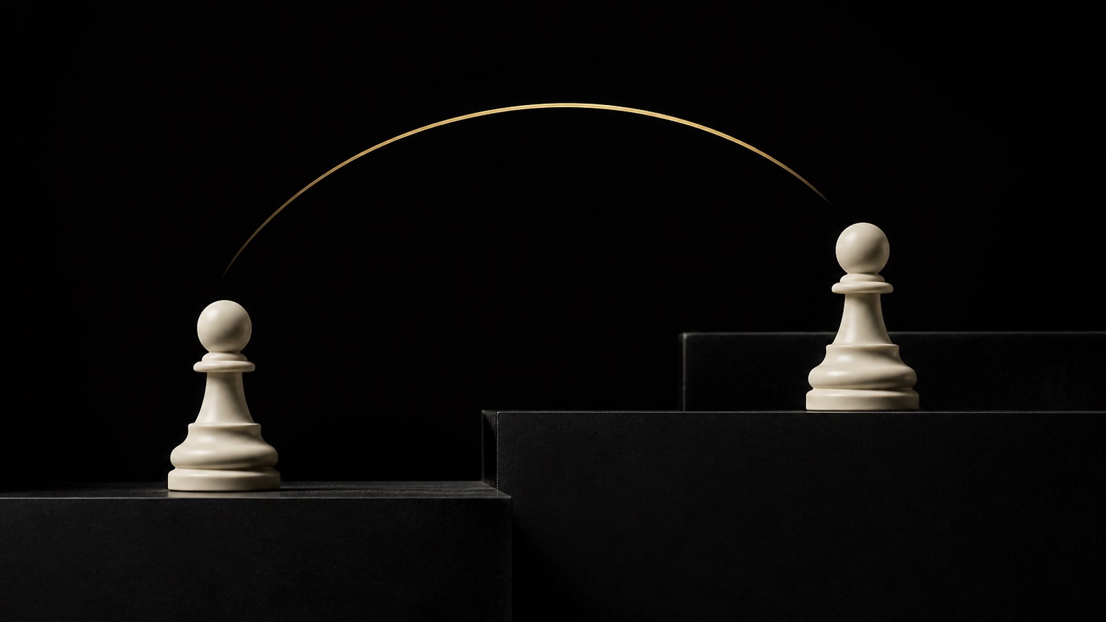 Two ivory chess pawns stand on staggered black platforms beneath a gold arc, a conceptual illustration of passing movement.