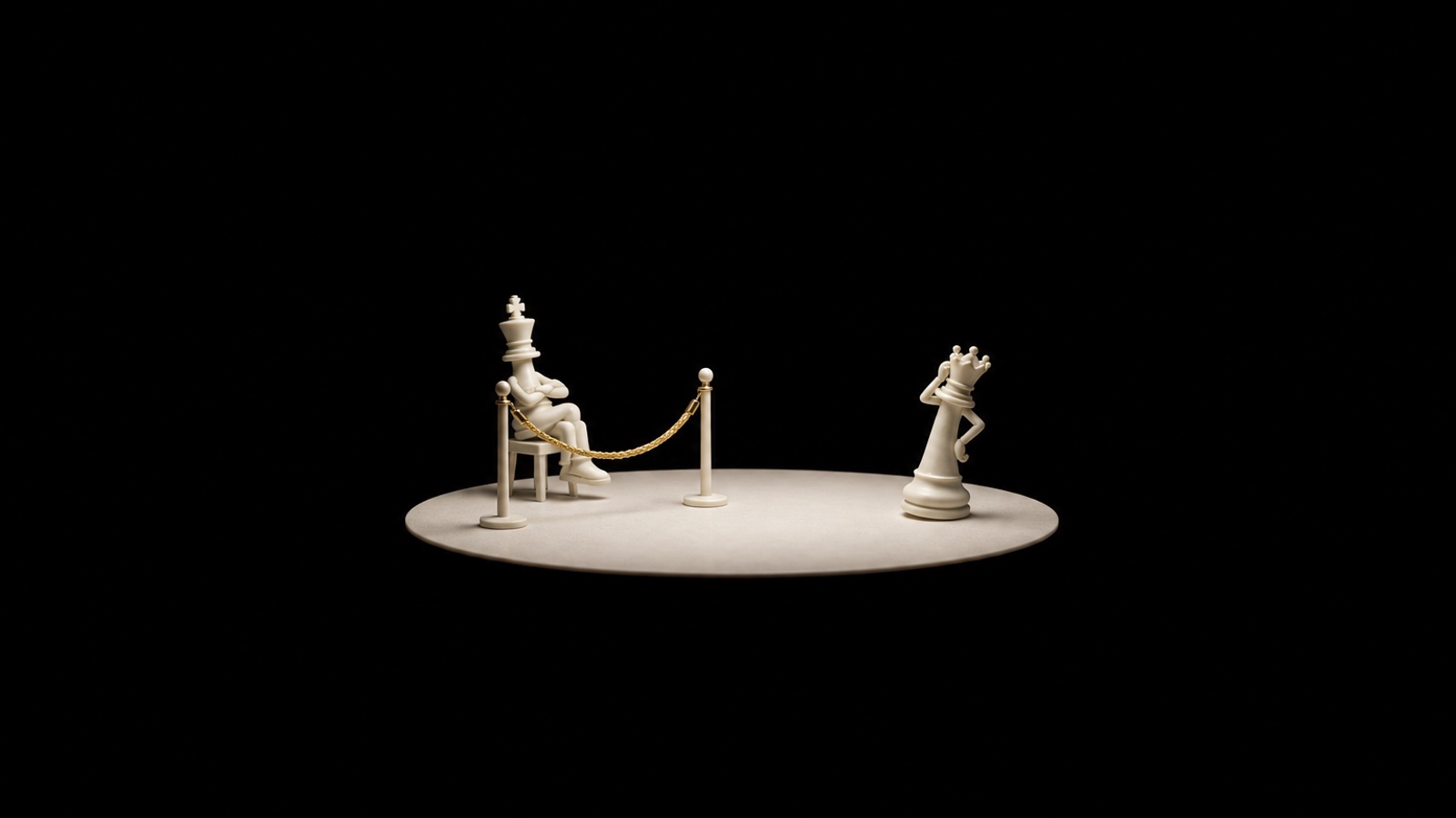 An off-white chess king relaxes behind a gold rope while a puzzled queen stands nearby, a playful illustration of being trapped without check.