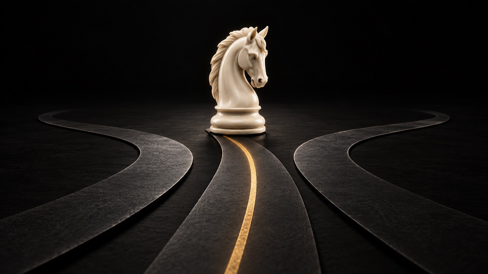 An ivory chess knight faces three dark curving tracks, with a gold line along the central route, illustrating a choice of playing pace.