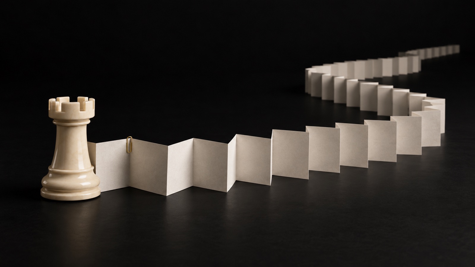 An ivory chess rook stands beside a long blank accordion paper trail secured with a gold paperclip on a black table.