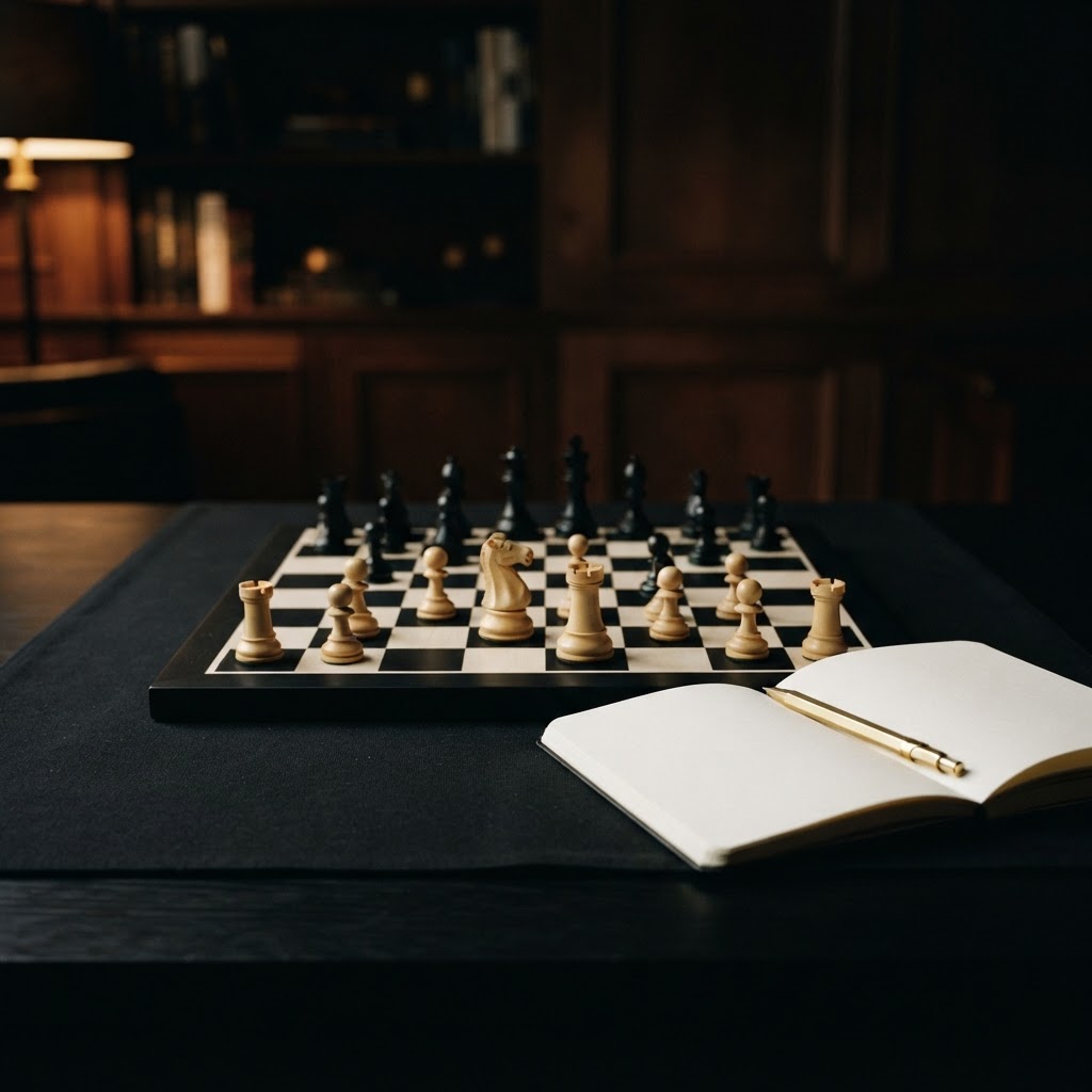An off-white chess knight beside a blank analysis notebook on a black table, with one gold pencil.