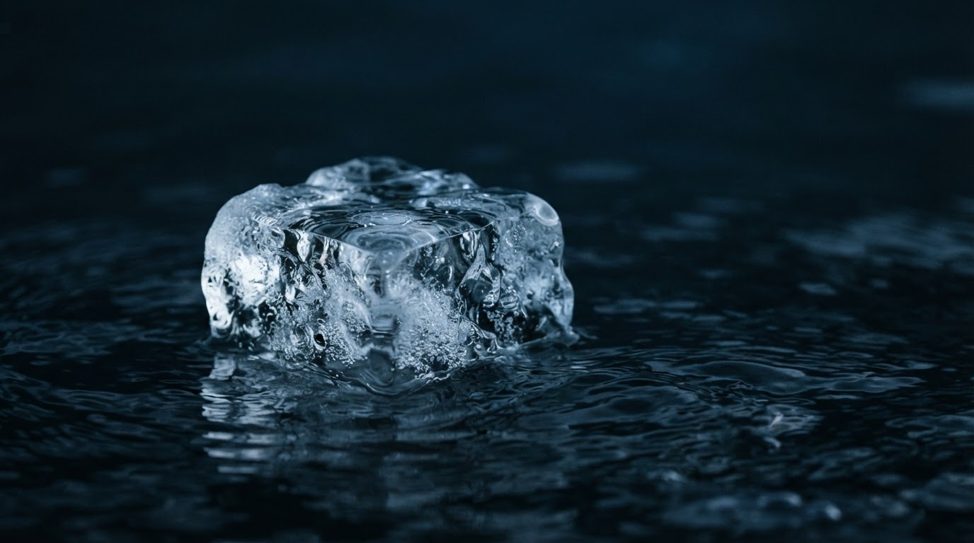 Crystalline ice in dark water
