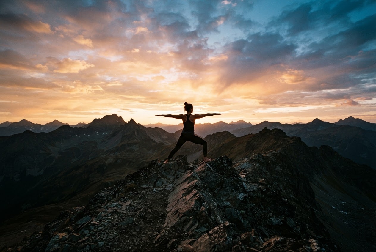 Yoga silhouette on mountain ridge