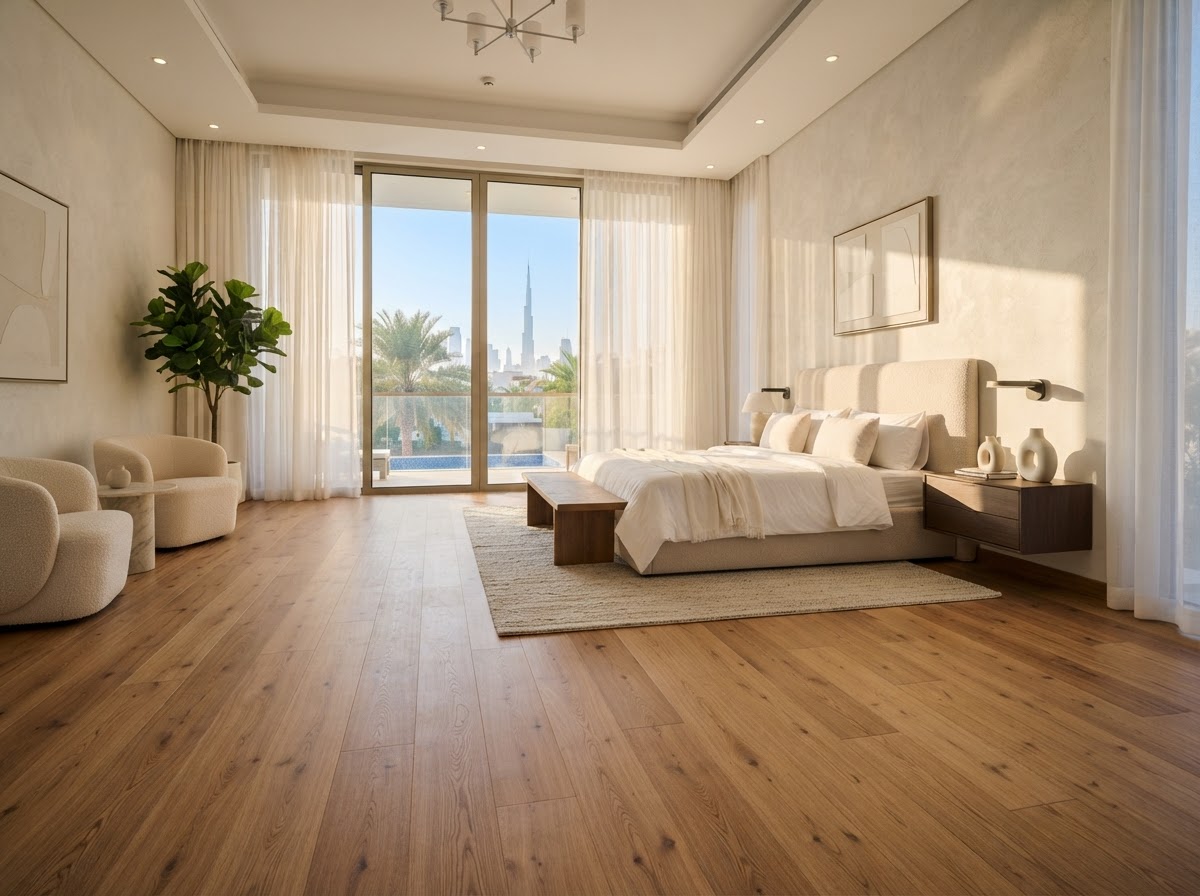Premium straight plank hardwood flooring in a luxury Dubai villa master bedroom