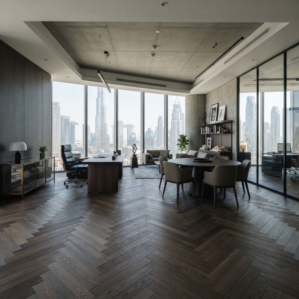 Executive Office — Smoked Oak Herringbone Flooring project in Downtown Dubai