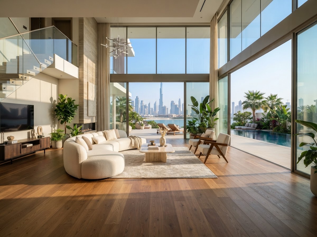 Luxury Dubai villa living room with straight plank hardwood flooring ideal for premium applications