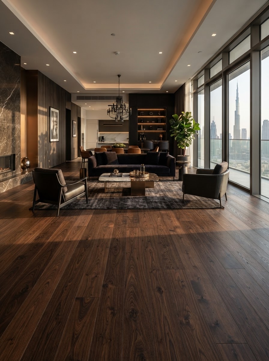 Dark Walnut straight plank hardwood flooring style