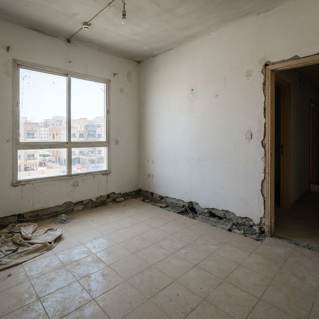 Before renovation — bare unfinished wall edges in an Al Barsha apartment with no skirting