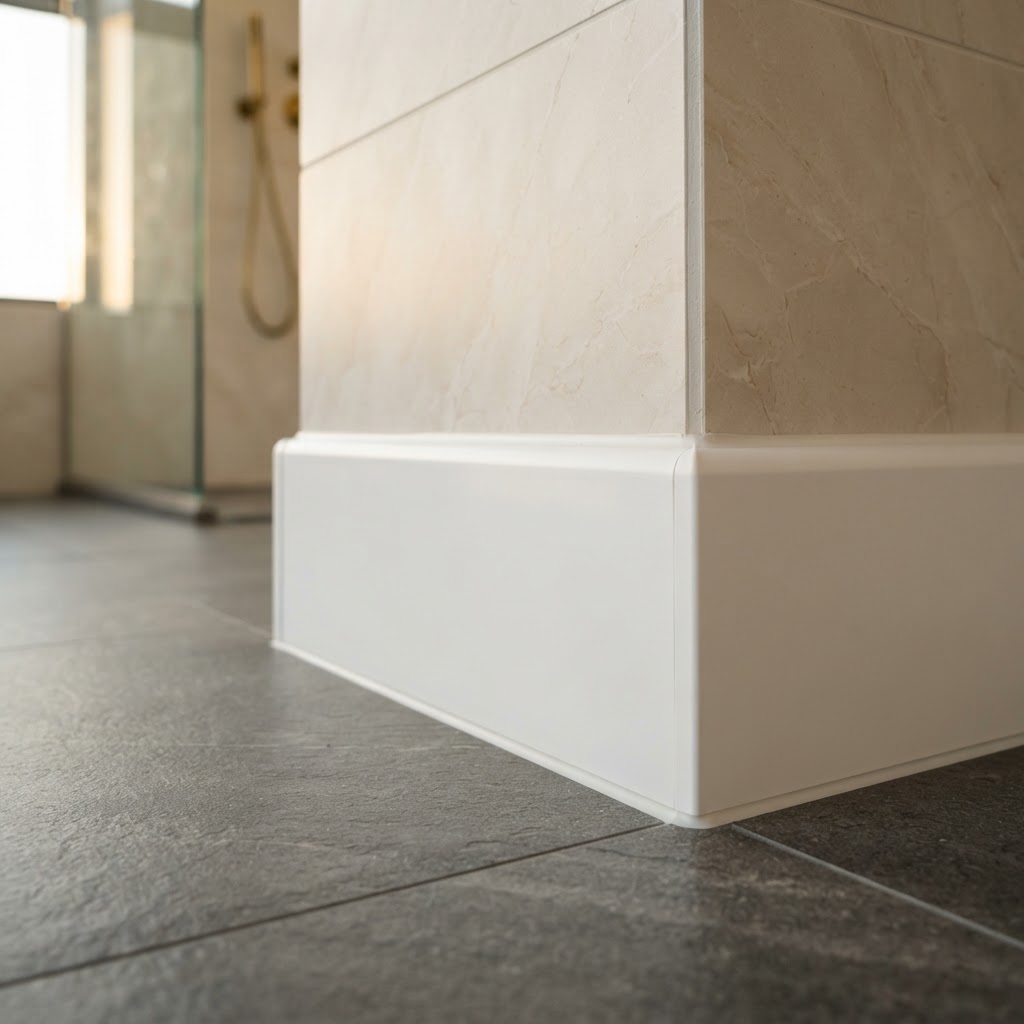 Premium white PVC waterproof skirting board close-up at wall base in bathroom