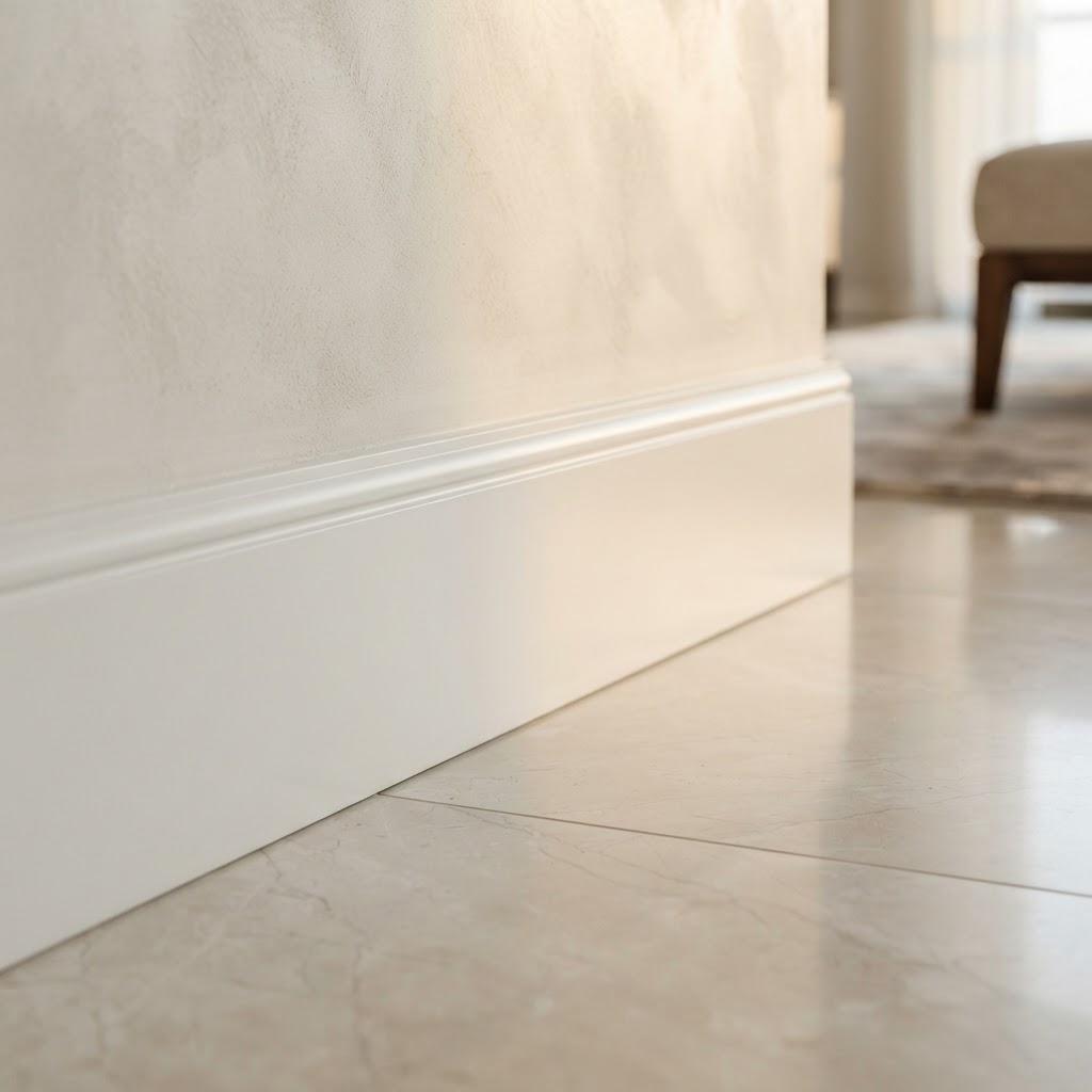 Premium white fiber skirting board close-up at wall base