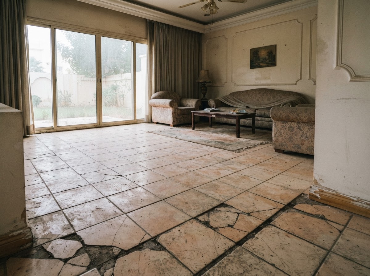 Before renovation — old dated ceramic tile floor in a Jumeirah villa