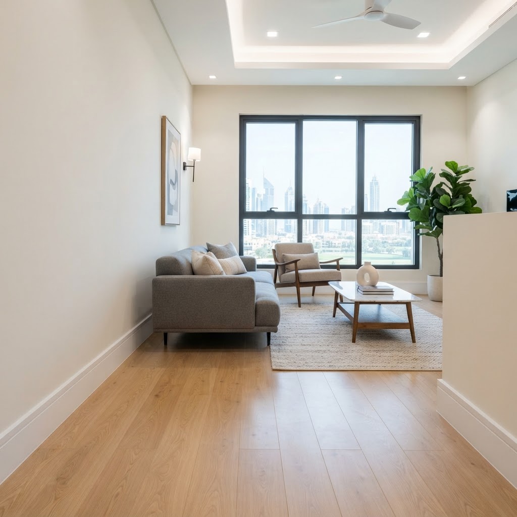 After renovation — modern flat profile fiber skirting installed in Al Barsha apartment