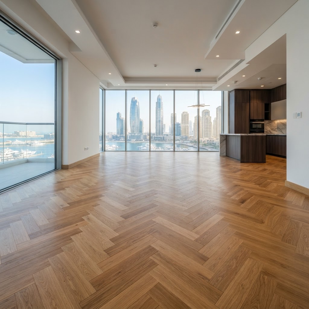 Modern Villa — Natural Oak Herringbone hardwood flooring project in Dubai Marina