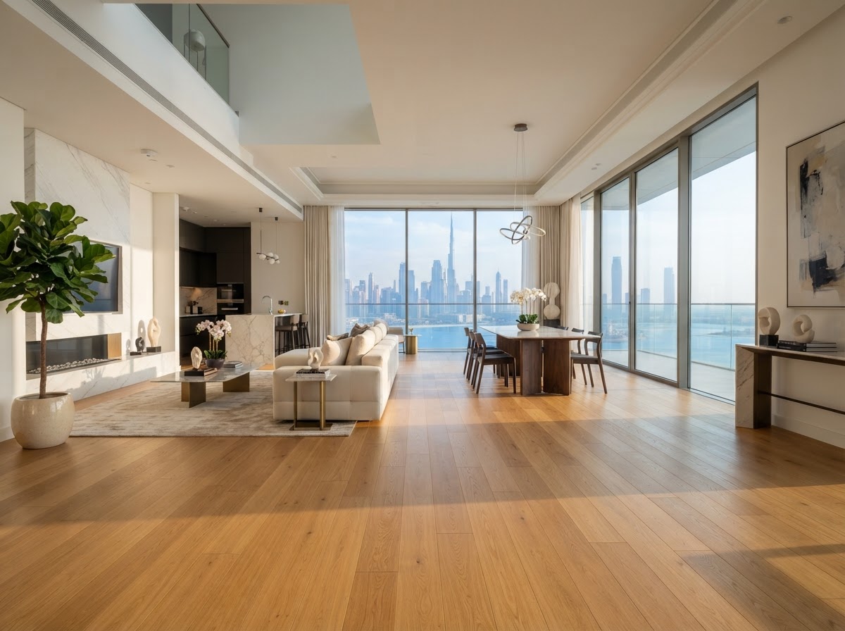 Luxury Dubai penthouse interior with straight plank hardwood flooring in warm natural oak
