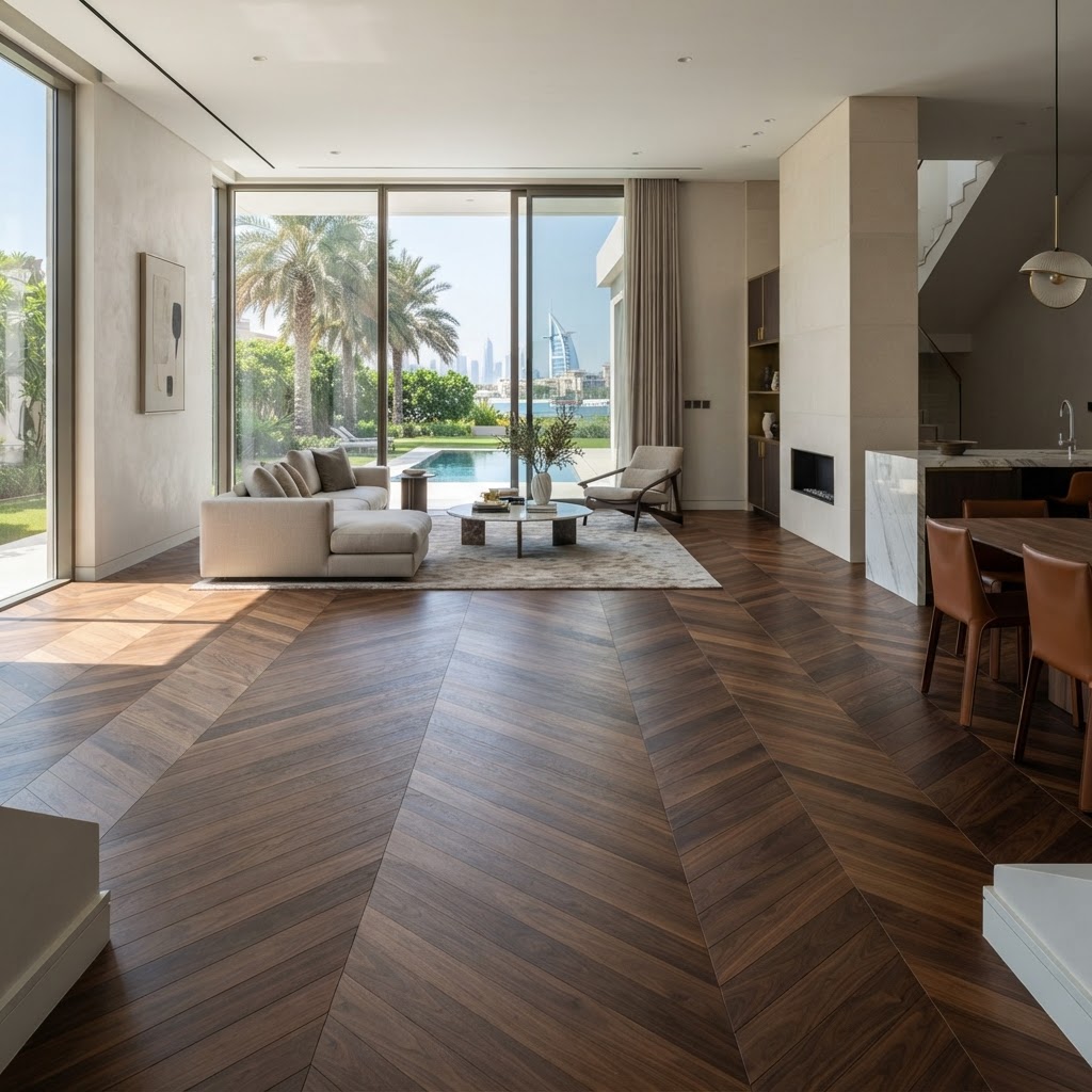 Luxury Residence — Walnut Herringbone Installation hardwood flooring project in Jumeirah