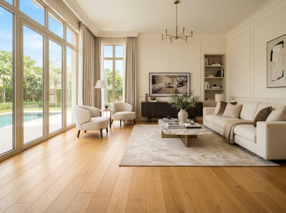 After renovation — luxury natural oak straight plank hardwood flooring installed in Jumeirah villa