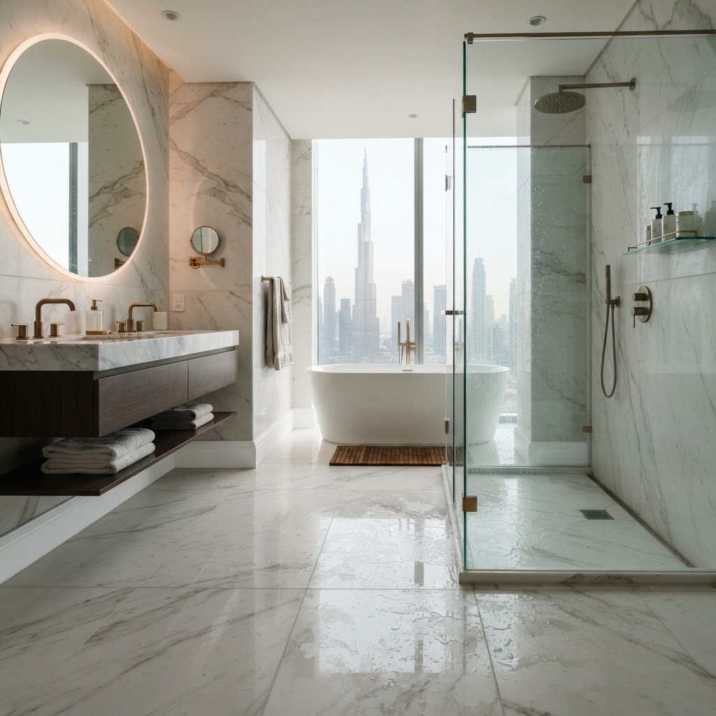 Luxury Dubai kitchen interior with premium PVC waterproof skirting boards at wall base