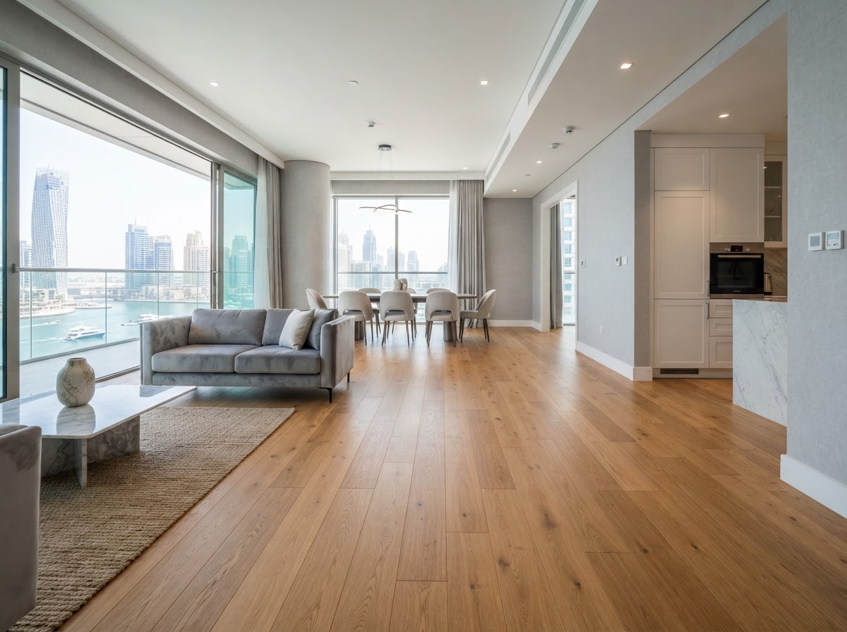 Modern Villa Natural Oak straight plank hardwood flooring project in Dubai Marina