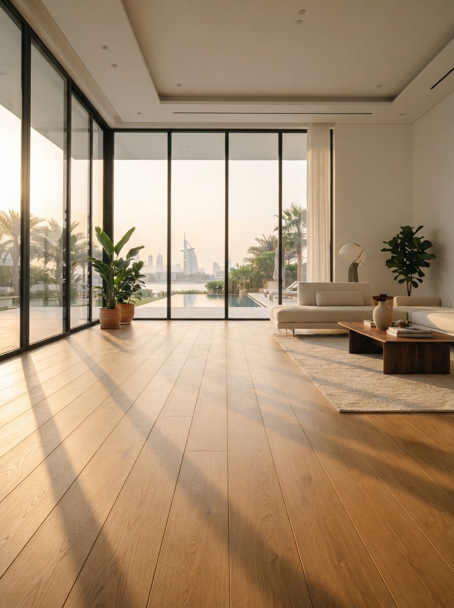Straight-plank solid hardwood flooring installed in a Dubai home — Floor Woods Dubai