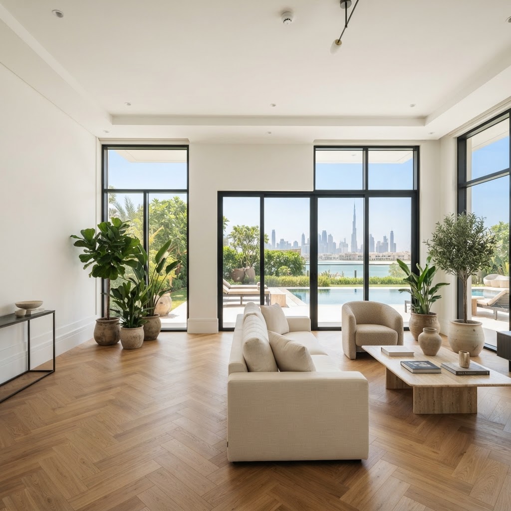 Luxury Dubai villa living room with premium fiber skirting boards at wall base