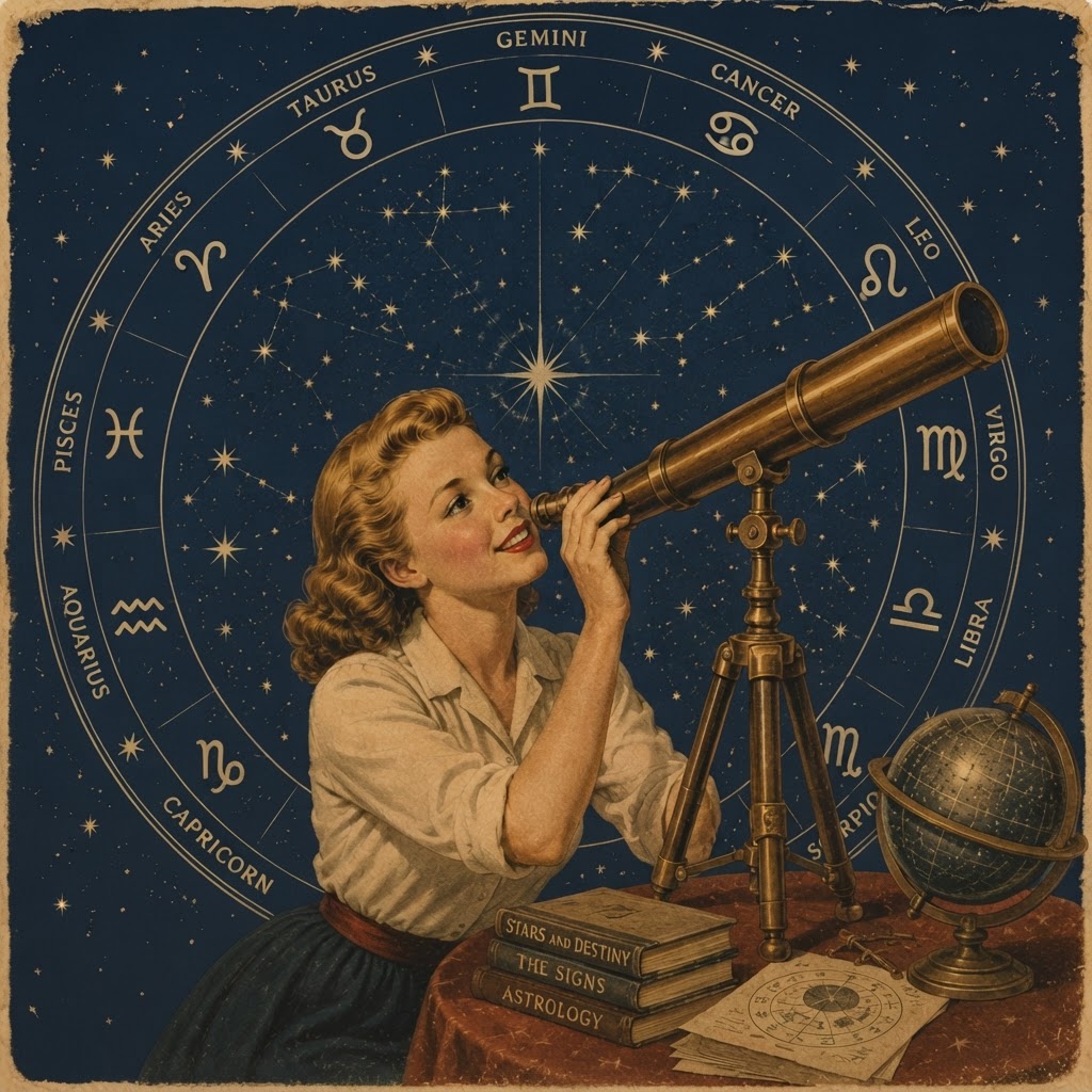 Vintage illustration of an astrologer looking through a brass telescope beneath a zodiac wheel