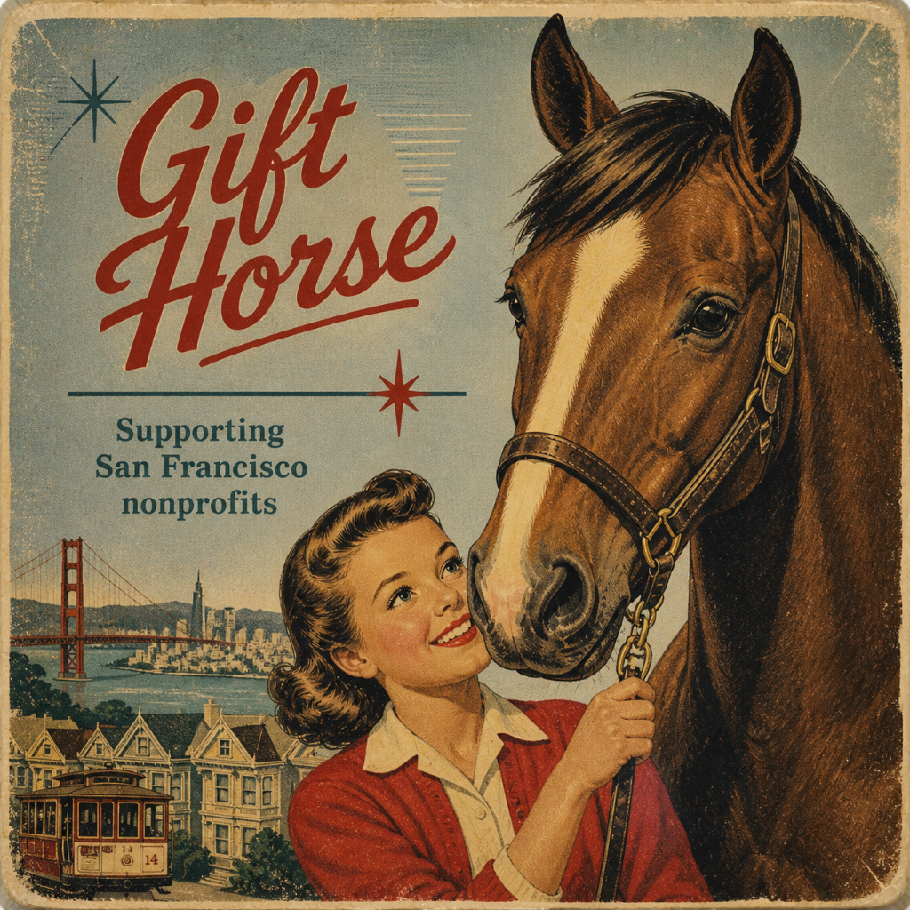 Gift Horse vintage brand artwork — a woman with a horse overlooking San Francisco