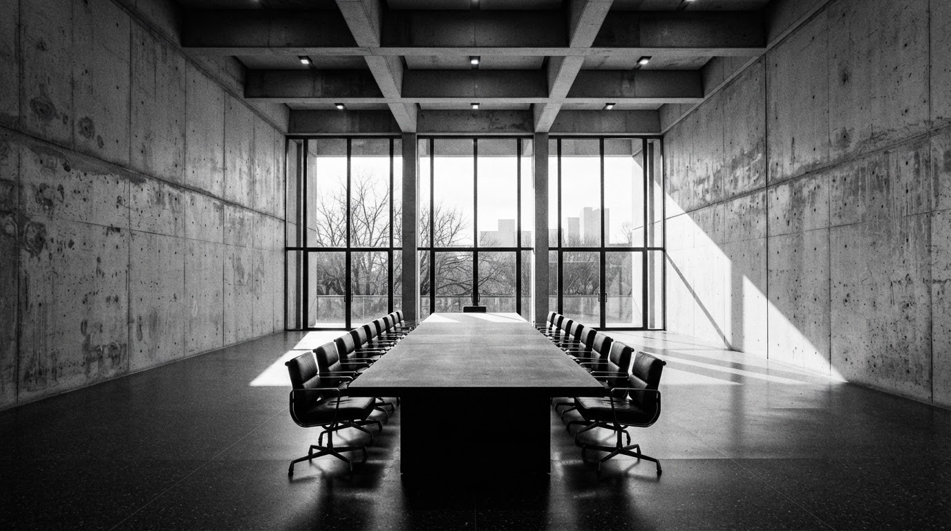 Minimalist executive boardroom in dramatic black and white