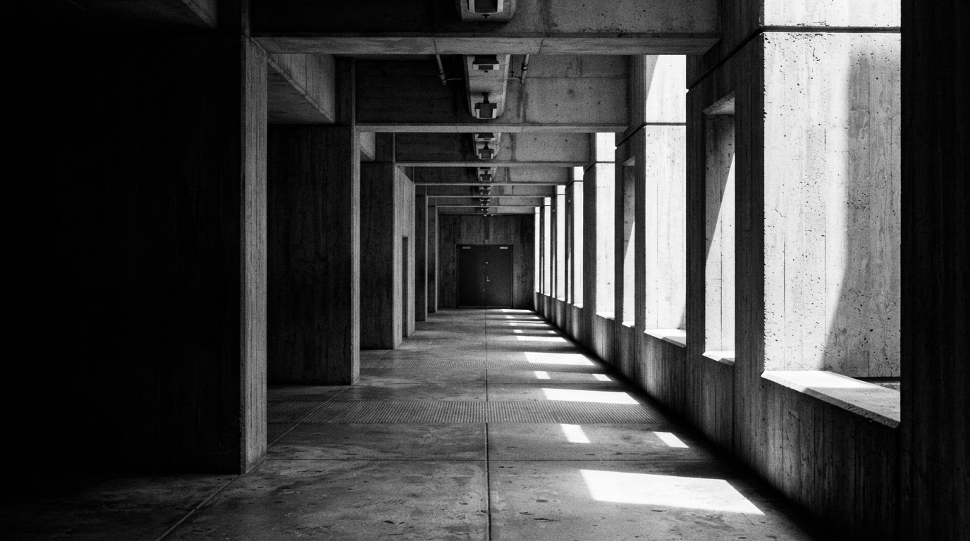 Brutalist architectural corridor in dramatic black and white