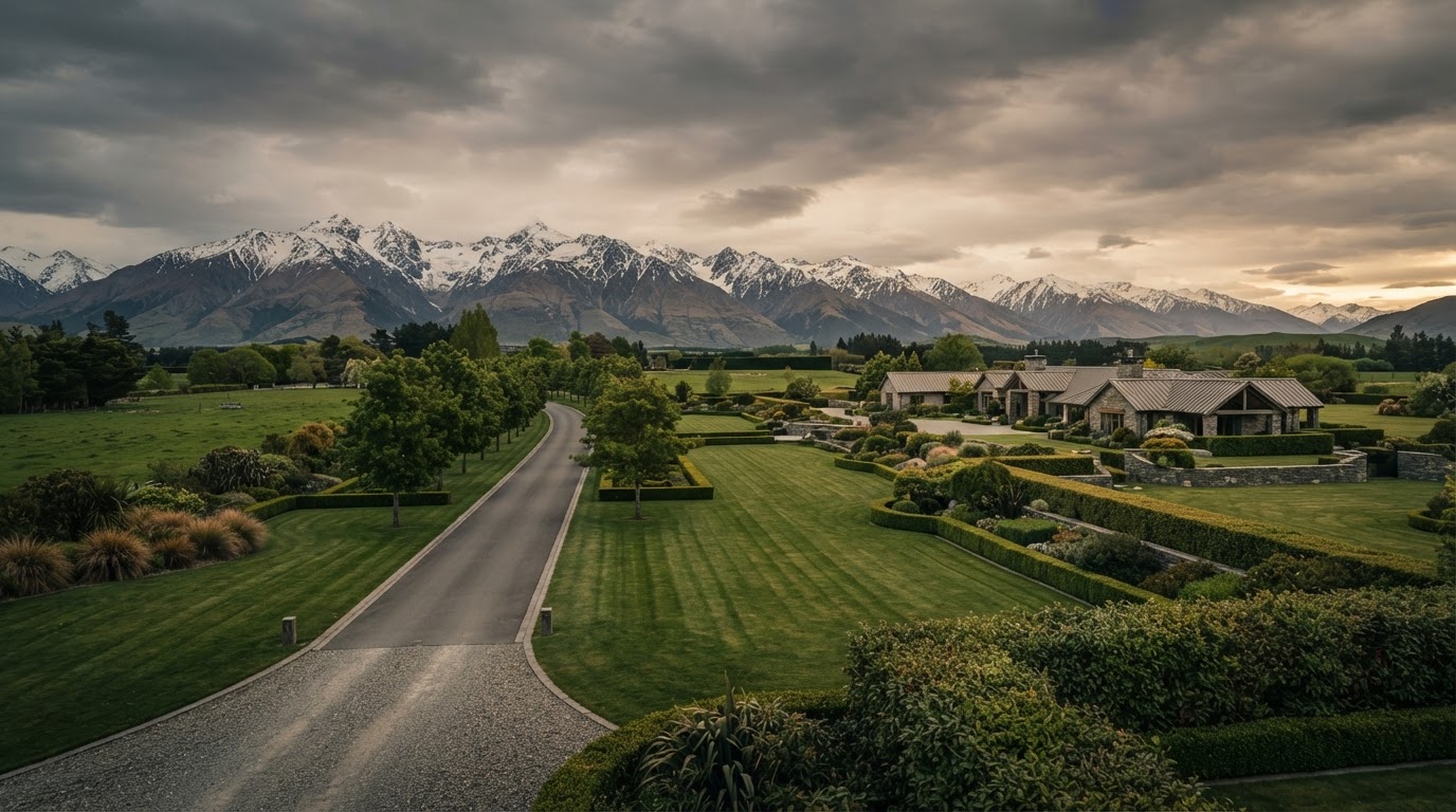 Manicured Canterbury commercial estate against the Southern Alps