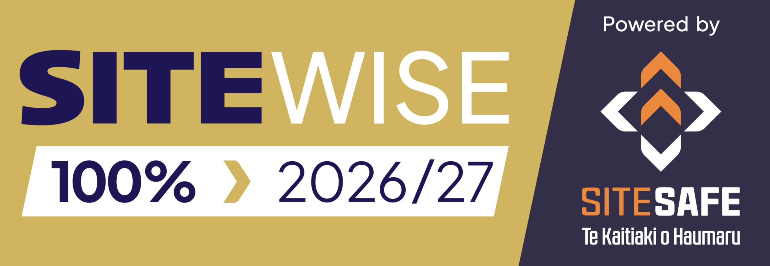 SiteWise Gold prequalification badge, 100% score, 2026/27, powered by Site Safe
