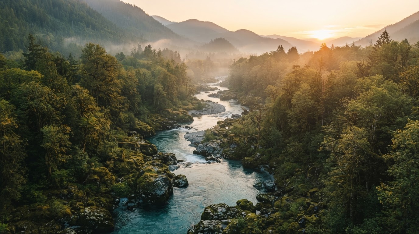 Cinematic forest river at sunrise