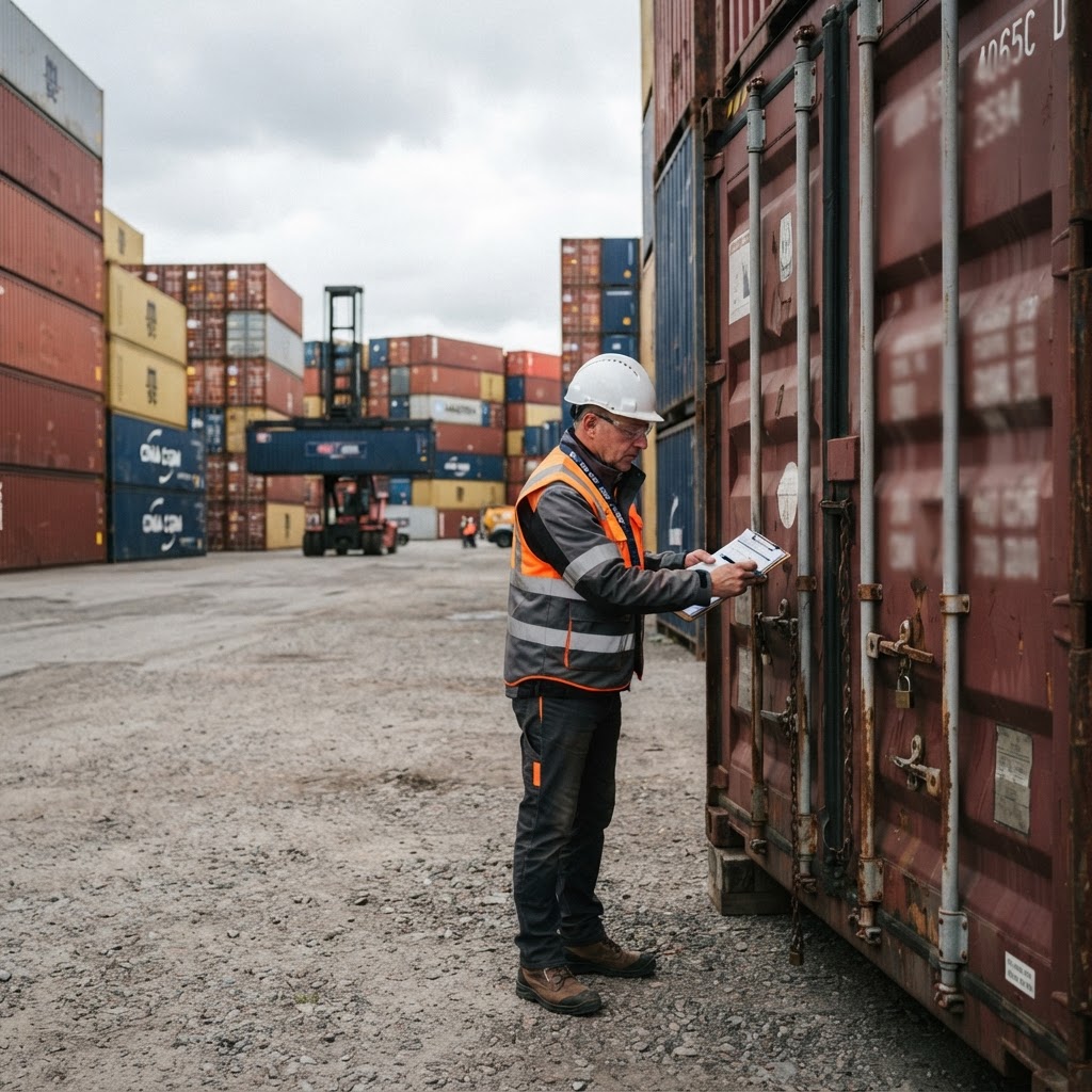 Shipping container quality inspection — specialist checking doors and seals in a container depot yard