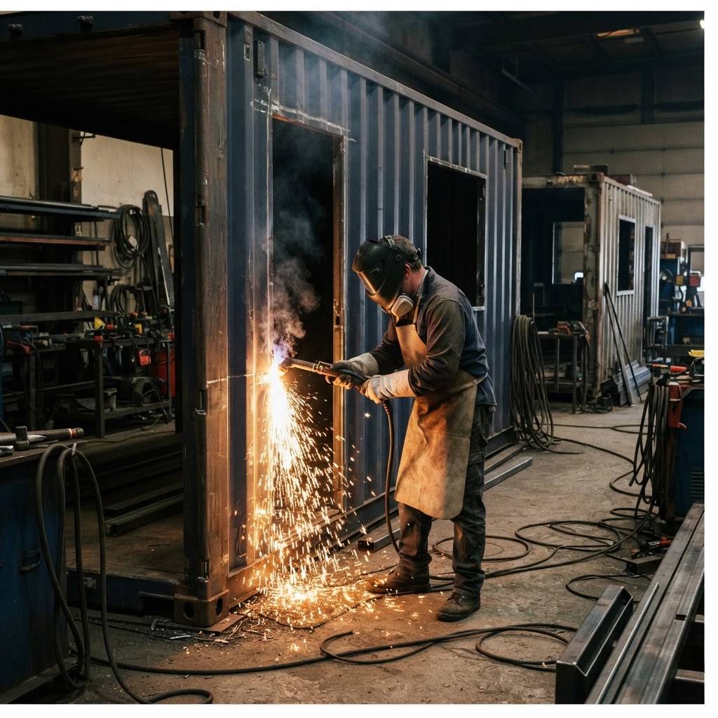 Custom shipping container modification — fabricator plasma-cutting a doorway opening in a steel container