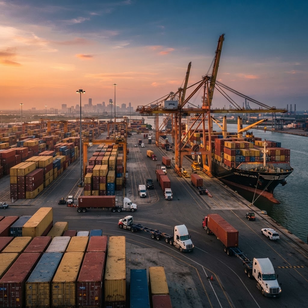 Port of Houston with gantry cranes loading shipping containers and trucks preparing for nationwide delivery