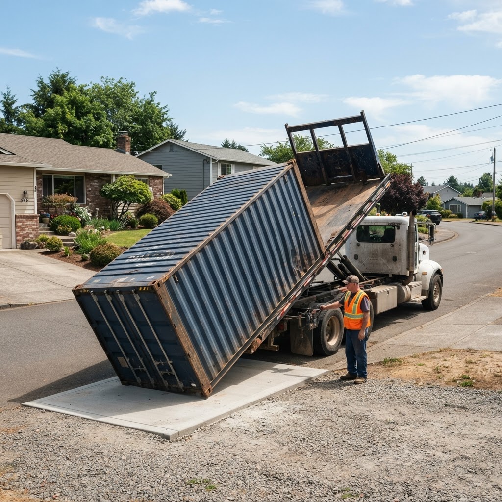 Tilt-bed delivery truck lowering a shipping container onto a residential driveway