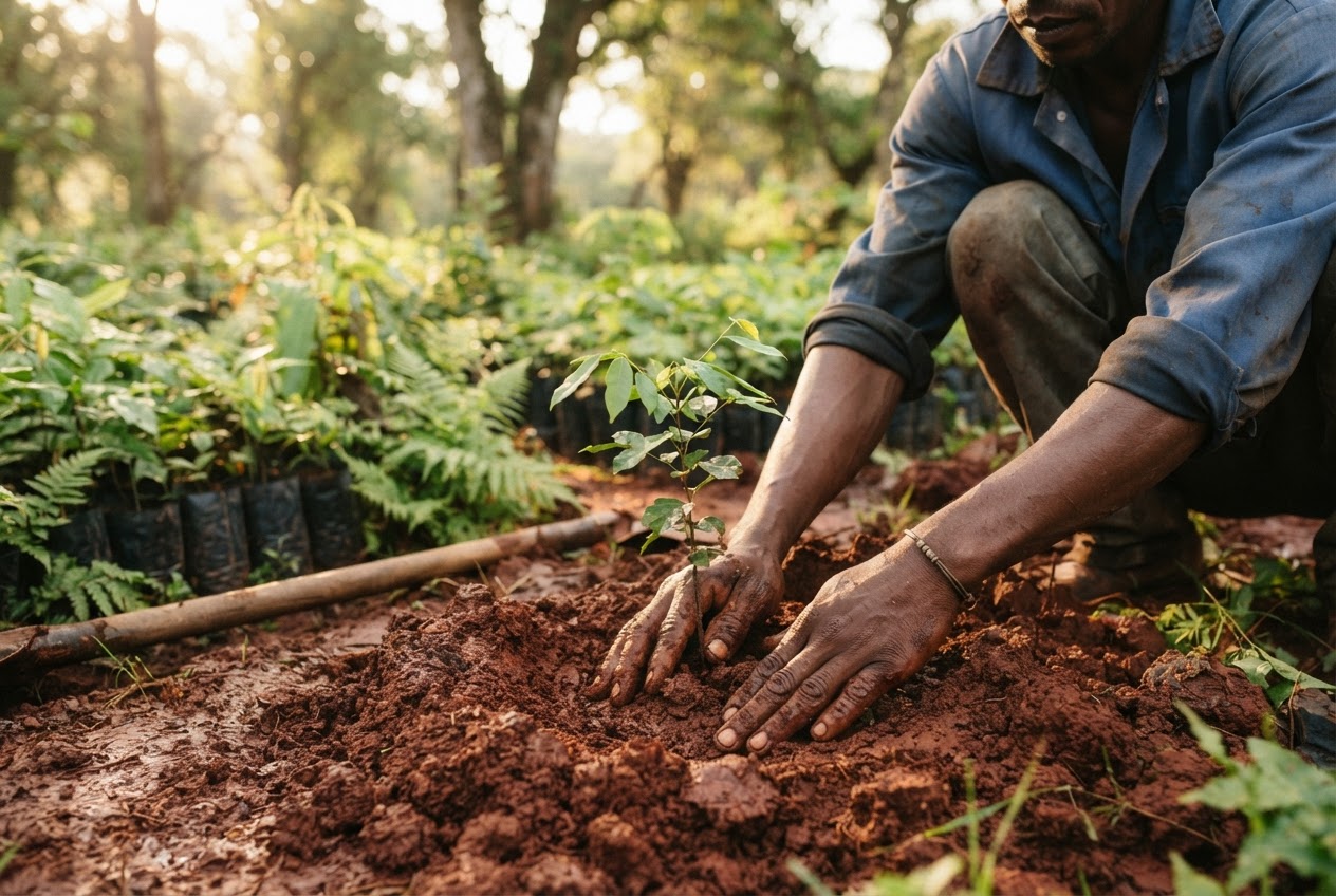 Hands planting an endemic tree seedling in red soil