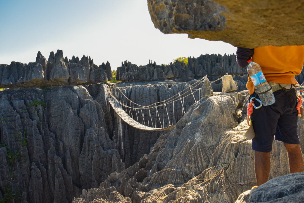 Suspension bridge over the Tsingy de Bemaraha limestone pinnacles