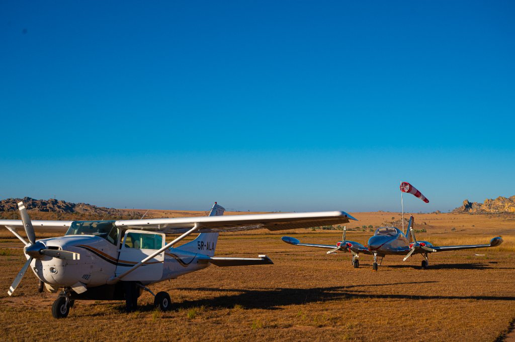 Private charter planes on a remote Madagascar airstrip