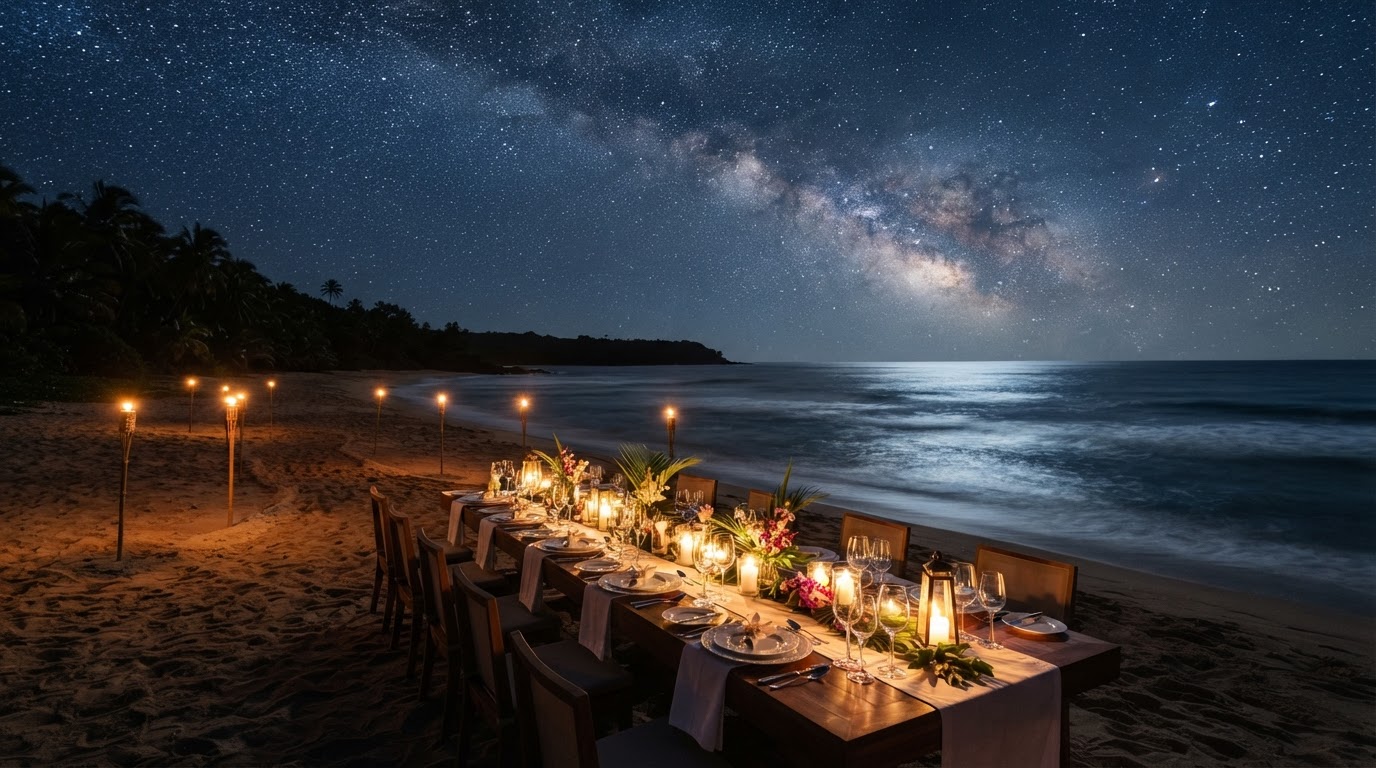 Bespoke gala dinner on a remote beach under the stars