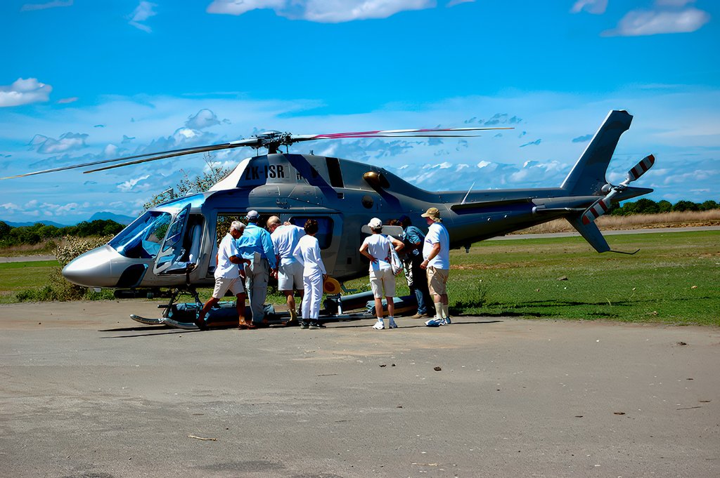 Travelers boarding a helicopter in Madagascar